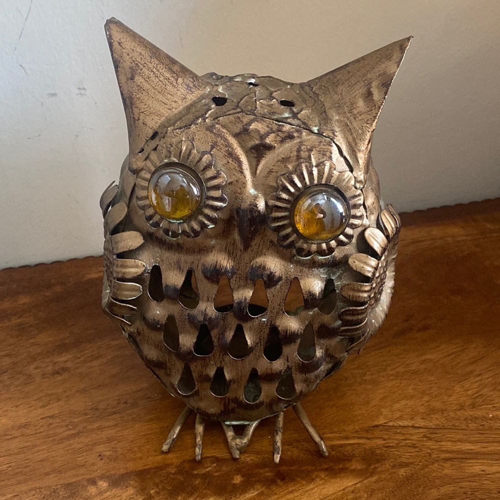 Vintage Pier 1 Rustic Gold Bronze Owl Tealight Candle Holder 7”